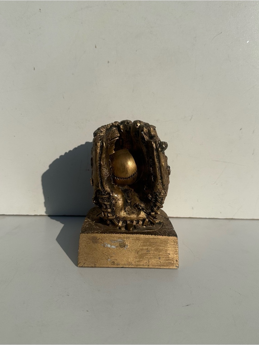 Vintage Gold Tone Baseball Glove Ball Figurine Trophy Sports Desk Decor Statue